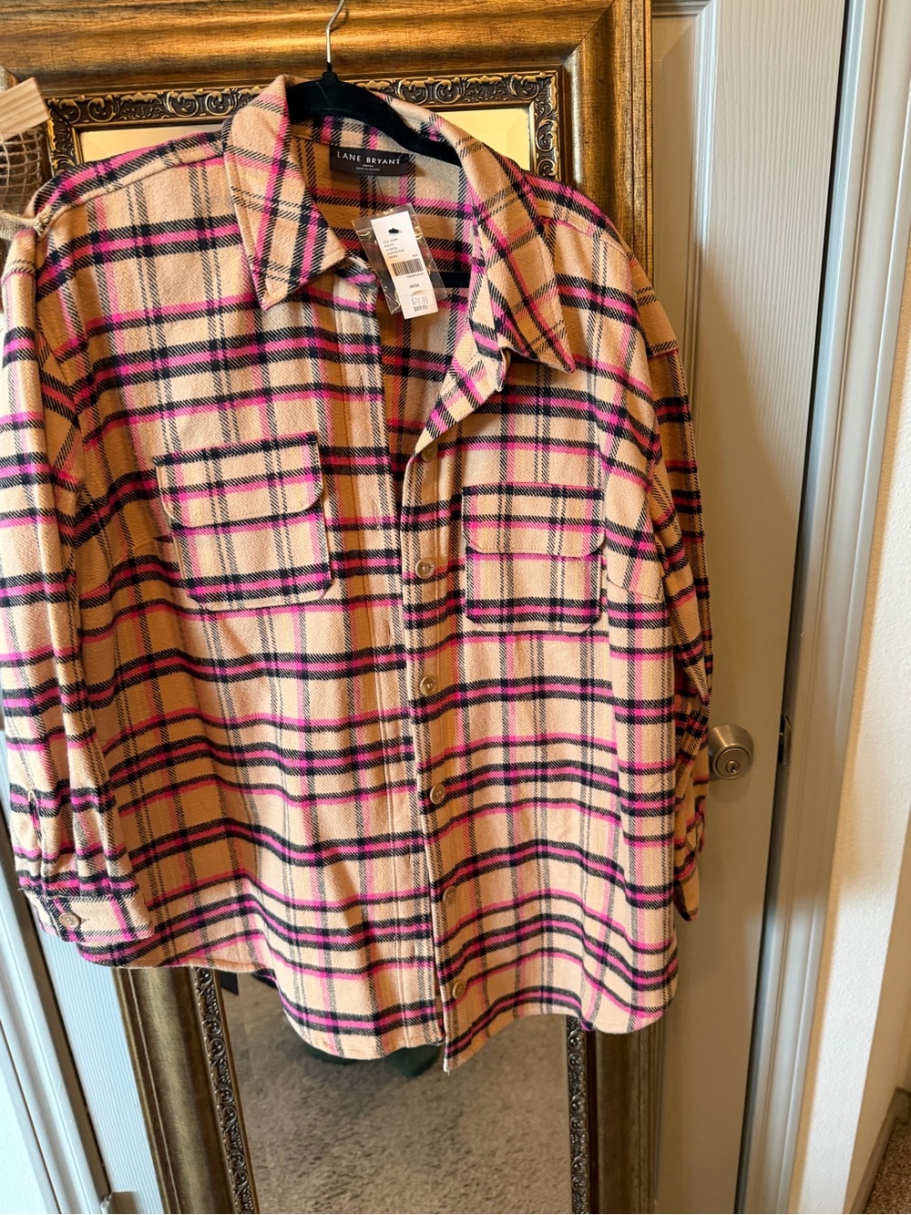 Lane Bryant Pink and Black Plaid Button-Down Shirt Jacket
